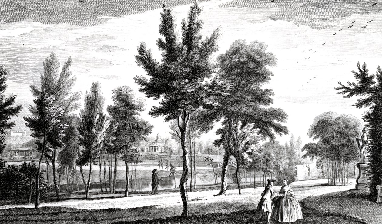 Veduta dei Campi Elisi dalla Fonte di Elicona, Giardini di Stowe House, inciso da George Bickham, 1753 da Jean Baptiste Claude Chatelain
