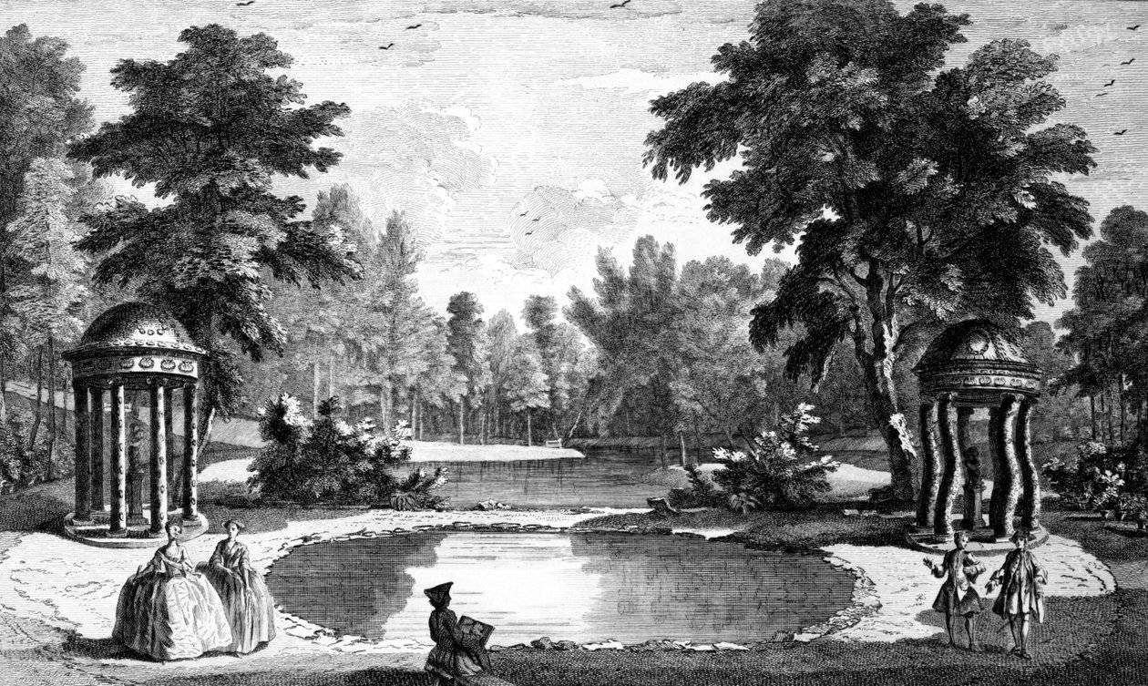Veduta della Grotta e due templi di conchiglie, Giardini di Stowe House, inciso da George Bickham, 1753 da Jean Baptiste Claude Chatelain