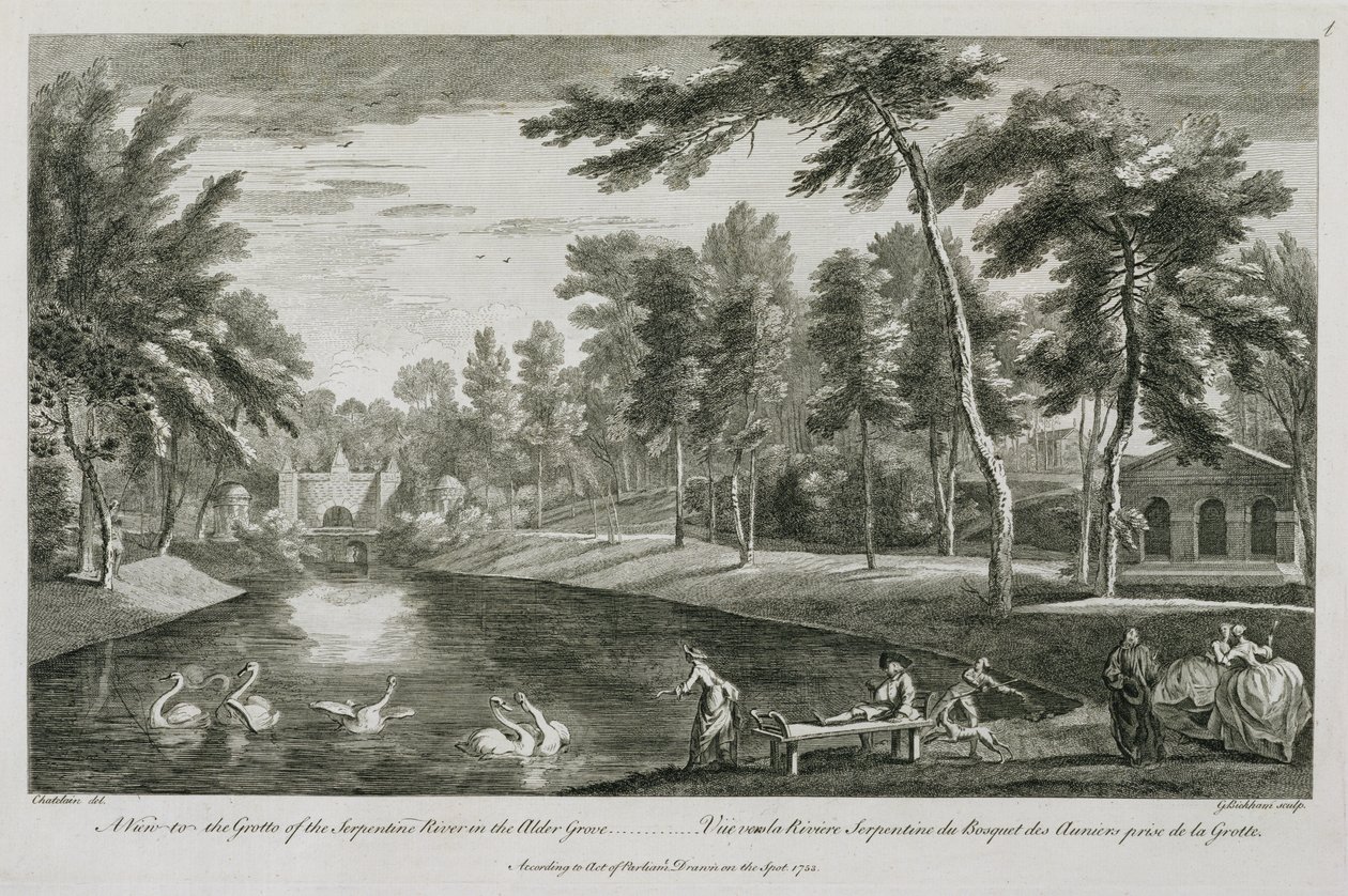 Vista sulla grotta del fiume Serpentine nel boschetto di ontani a Stowe, 1753, inciso da George Bickham da Jean Baptiste Claude Chatelain