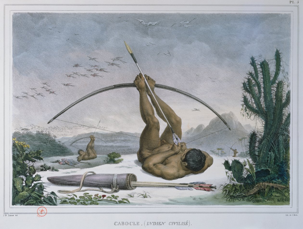 Indiano Cabocle che caccia uccelli con arco e frecce, da Voyage Pittoresque et Historique au Bresil, pubblicato nel 1839 da Jean Baptiste Debret