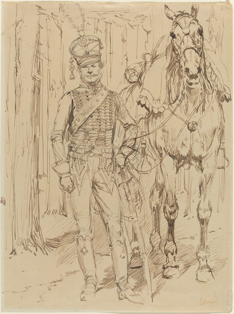 Un ussaro francese che conduce un cavallo da Jean Baptiste Edouard Detaille
