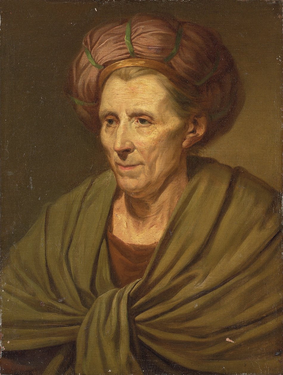 Ritratto di una donna, busto, con un turbante marrone e uno scialle verde da Jean Baptiste Greuze
