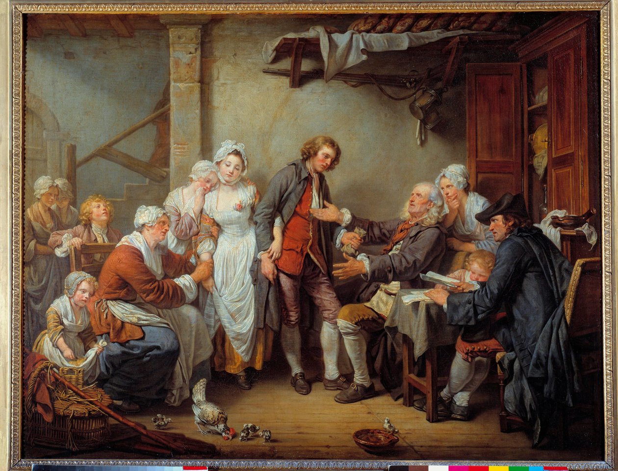 Il villaggio accordato. Il padre della sposa dà la dote al genero. Dipinto di Jean Baptiste Greuze (1725-1805) 1761 da Jean Baptiste Greuze