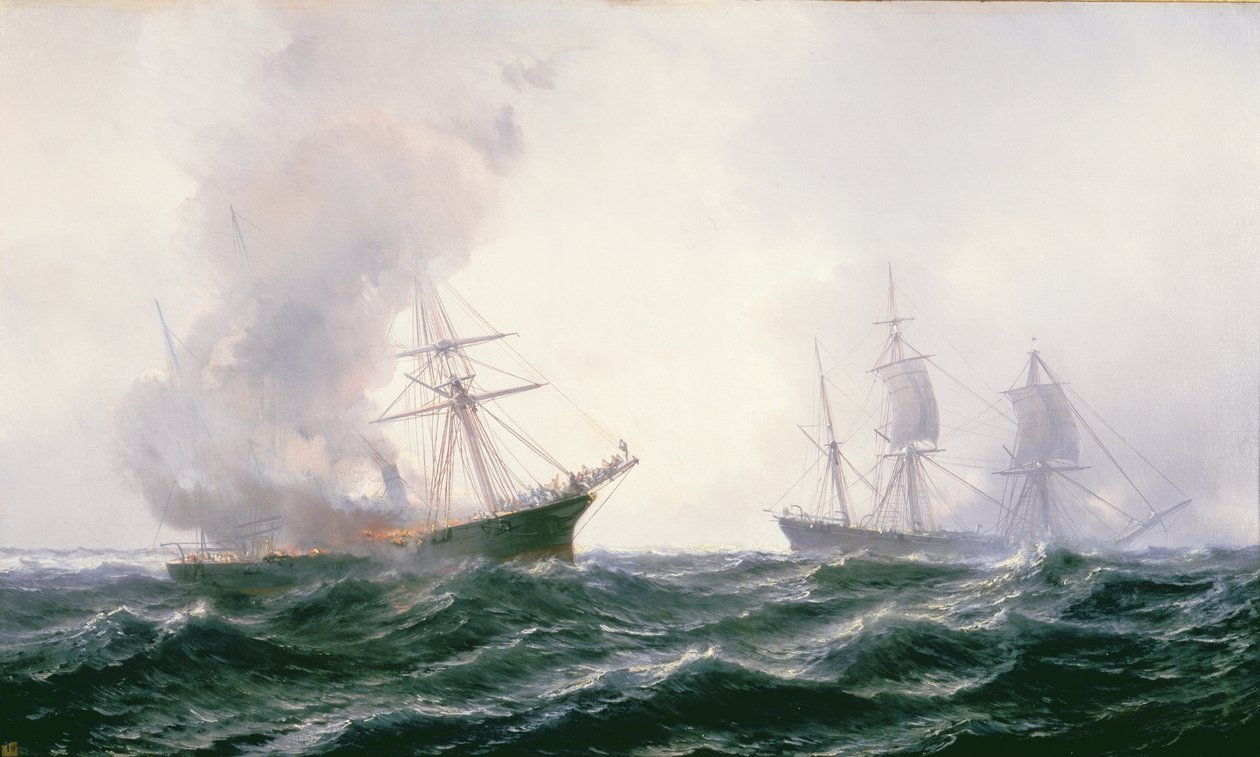 Una nave in fiamme in mare, con un