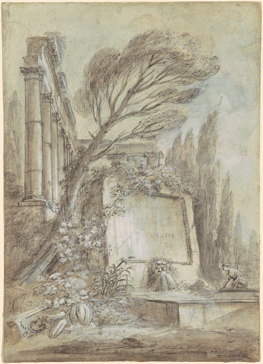 Fantasia architettonica di rovine romane con targa d