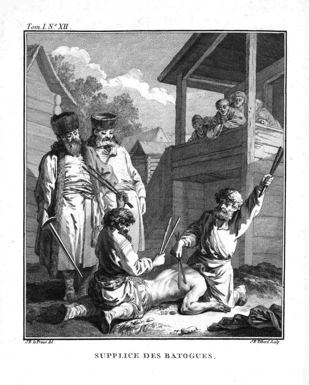 Punizione con batogs. Da Voyage en Sibérie, 1766 da Jean Baptiste Le Prince