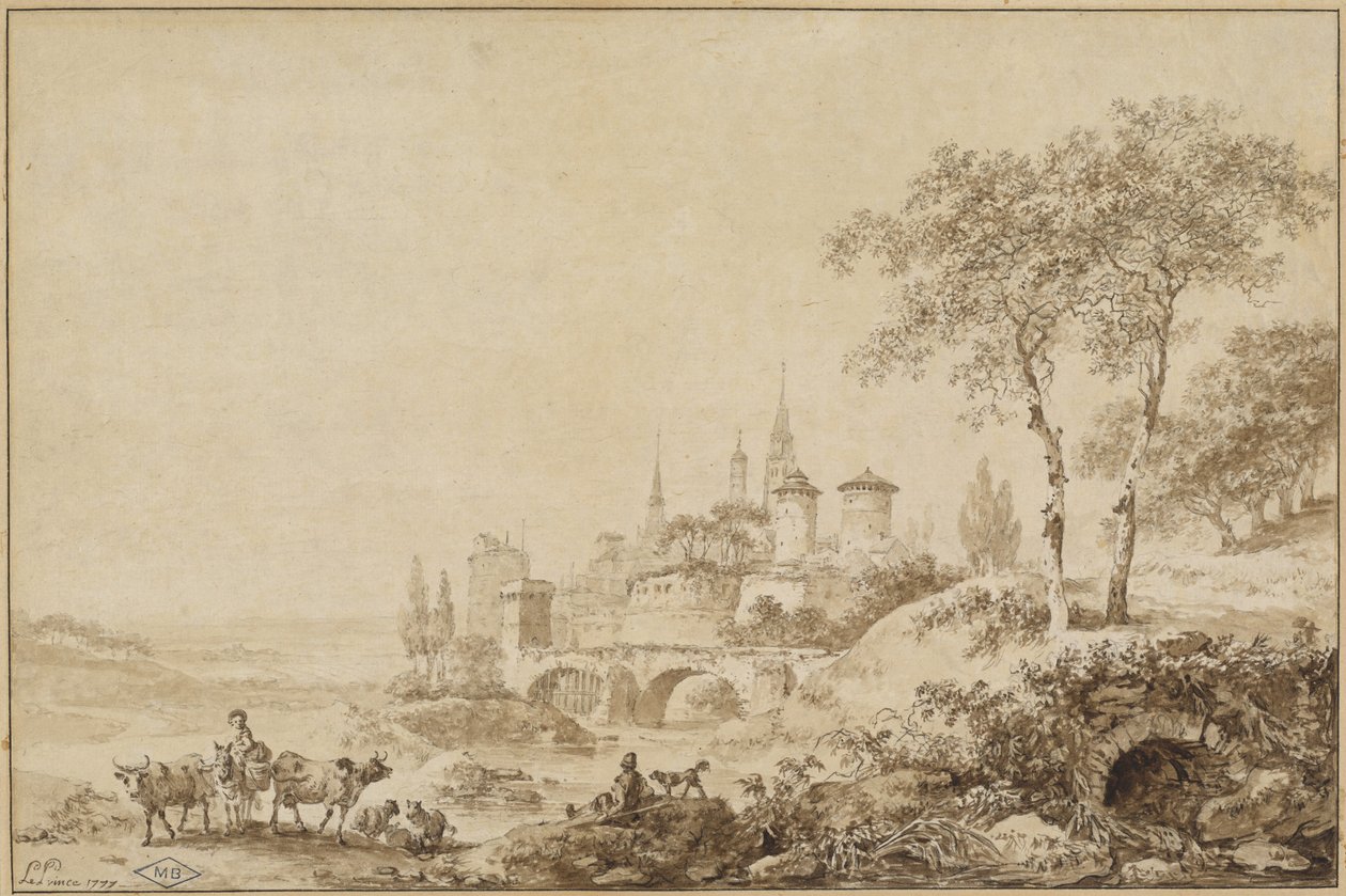 Pastori in un paesaggio davanti a una città fortificata da Jean Baptiste Le Prince