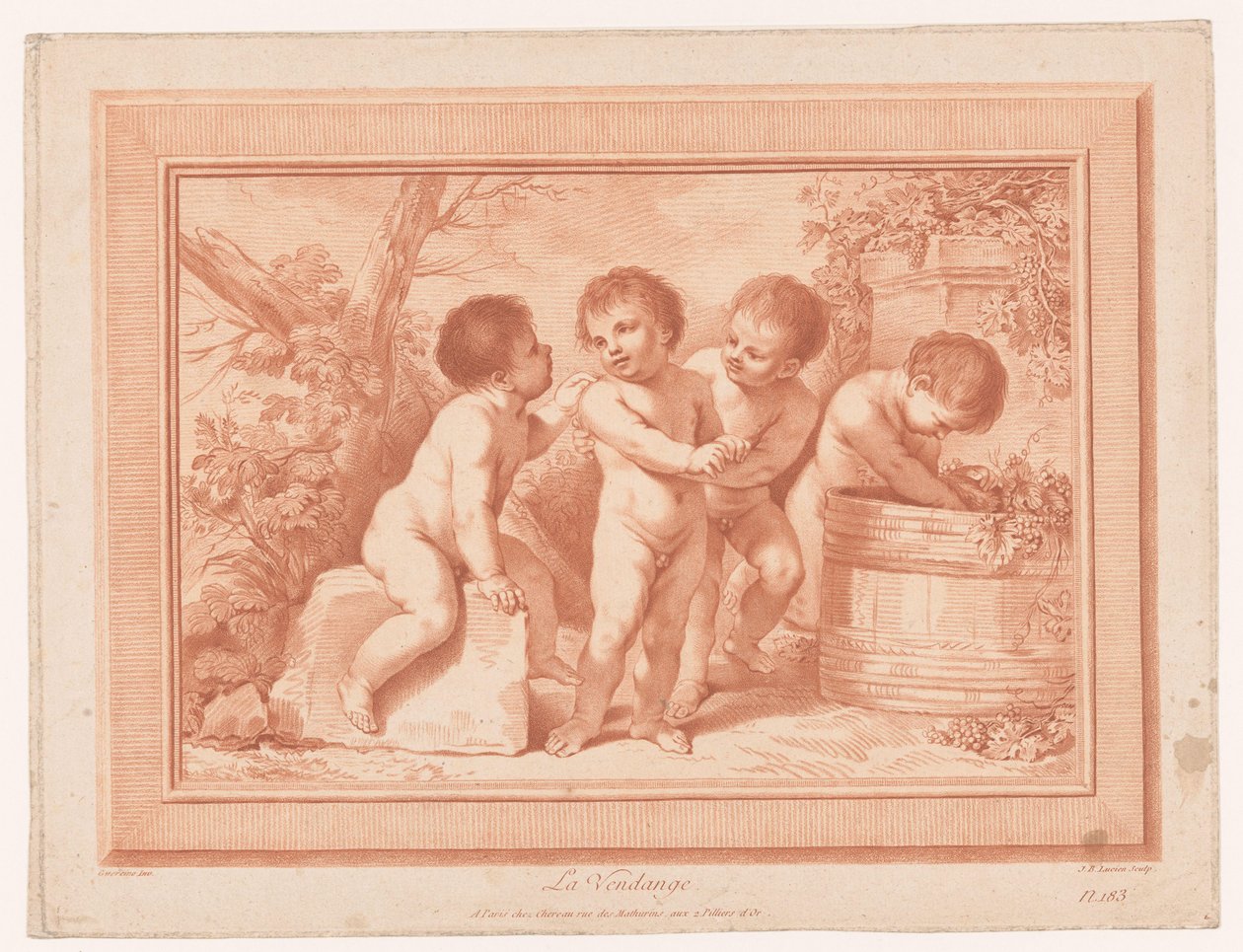 Quattro putti vicino a una botte di vino da Jean Baptiste Lucien