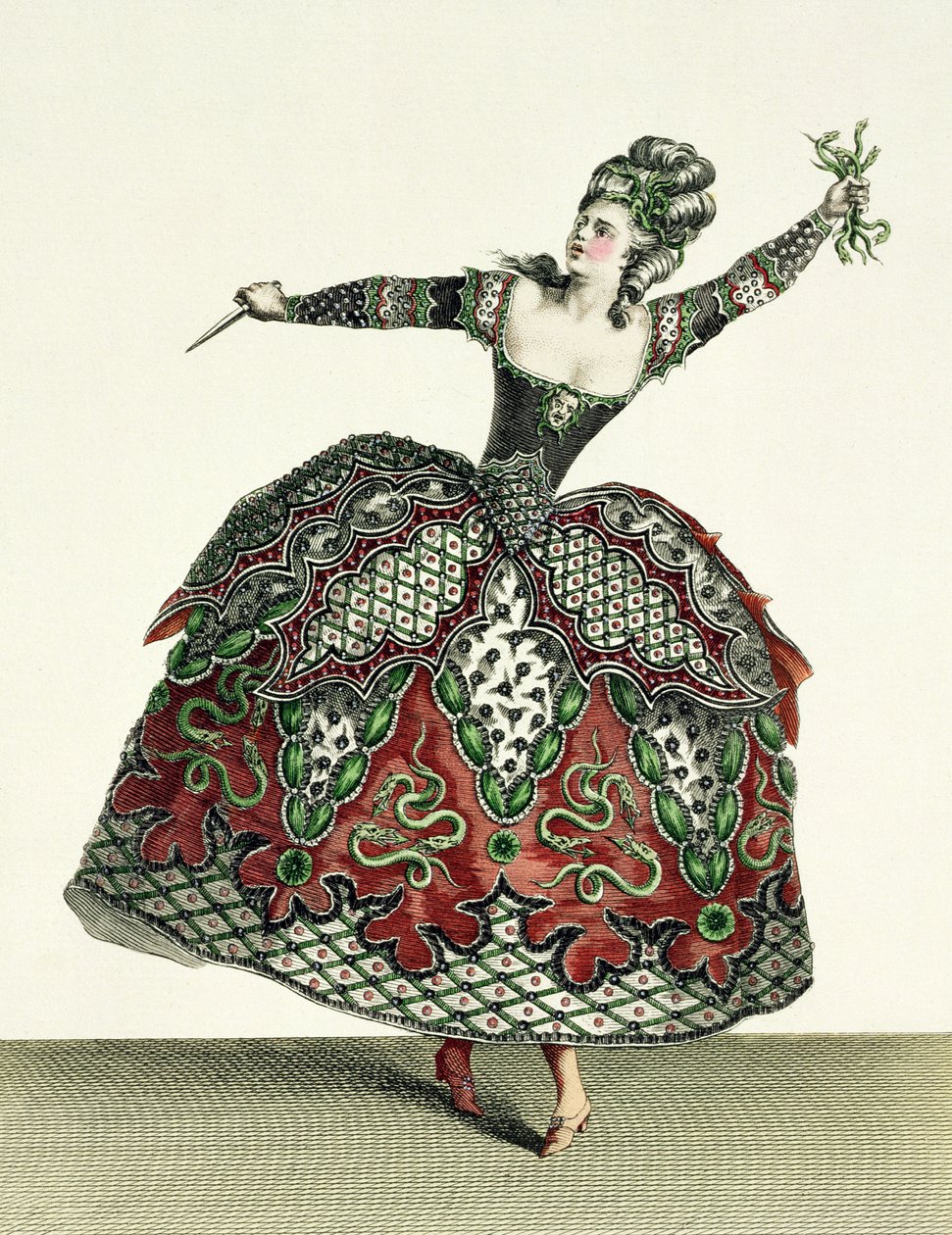 Costume per una Furia in Ifigenia in Tauride e diverse altre opere, inciso da Rene Gaillard da Jean Baptiste Martin