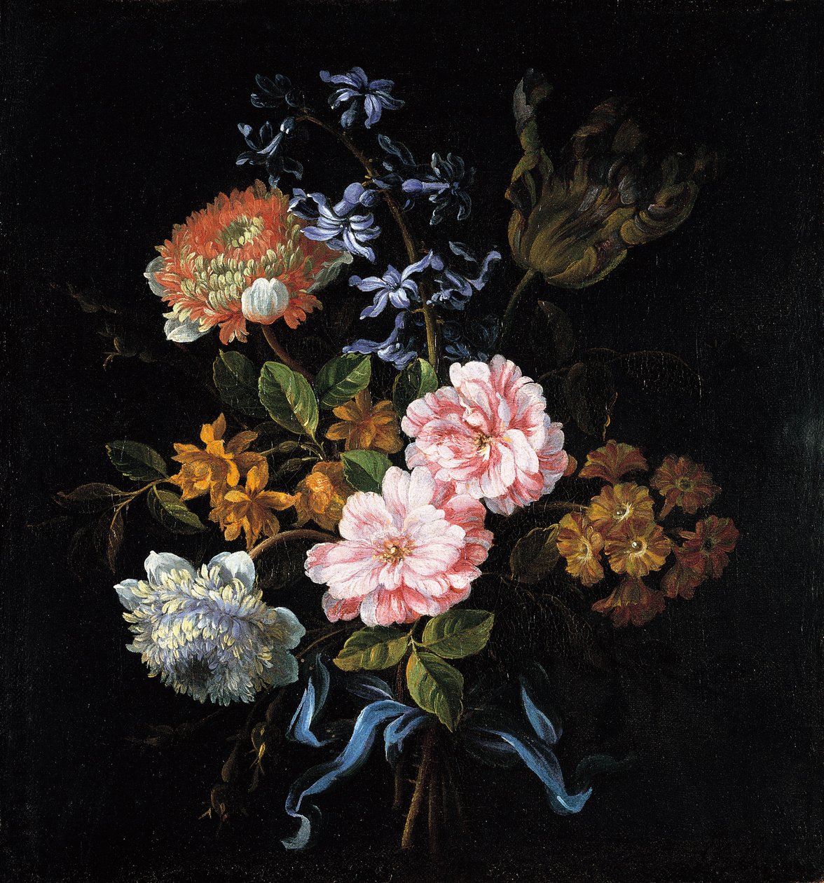 Bouquet di anemoni di papavero, rose, campernelle doppie, un giacinto, un tulipano e auricola legati con un nastro da Jean Baptiste Monnoyer