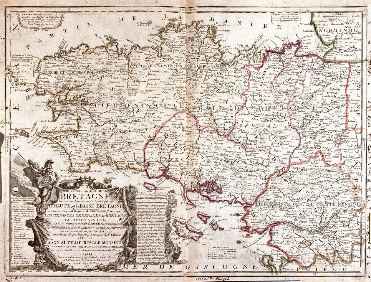 Mappa della Bretagna (Francia) da Jean Baptiste Nolin