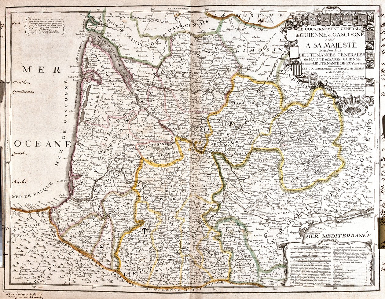 Mappa della Guienna e della Guascogna (sud-ovest della Francia) da Jean Baptiste Nolin