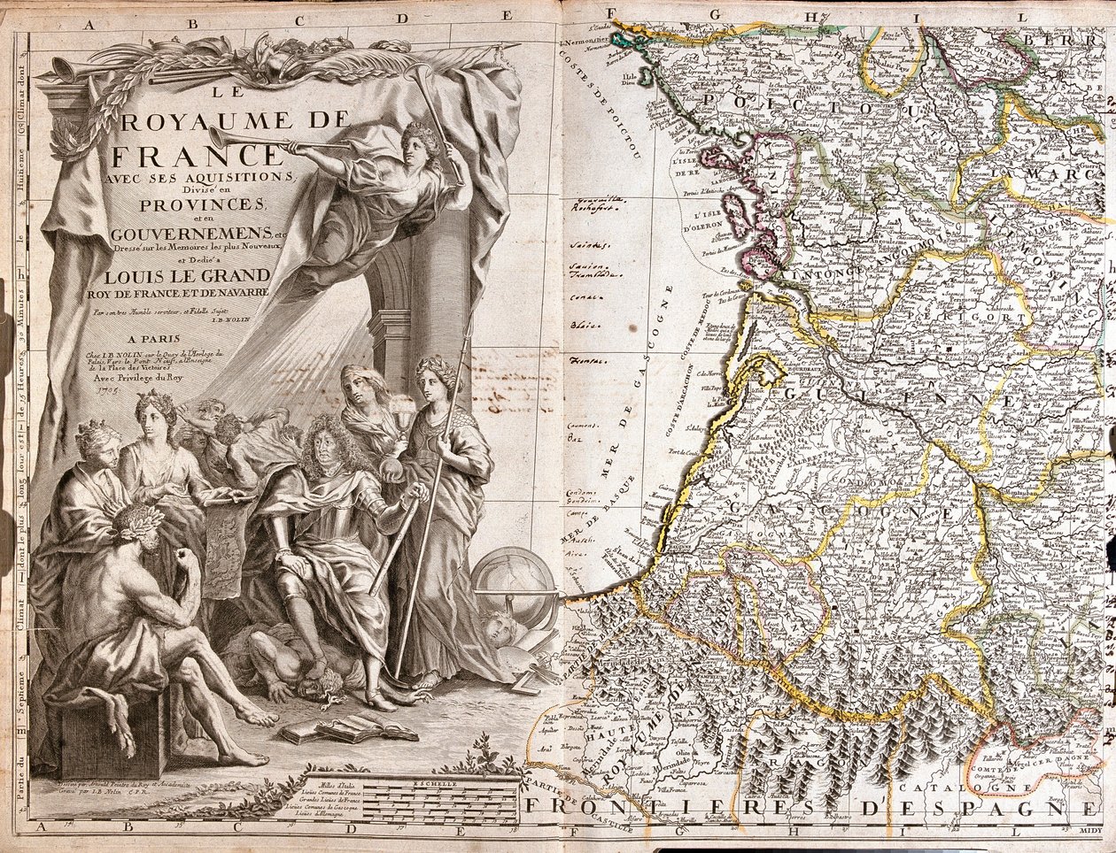 Mappa di Guienna e Guascogna, con un ritratto di Luigi XIV circondato da personaggi allegorici da Jean Baptiste Nolin