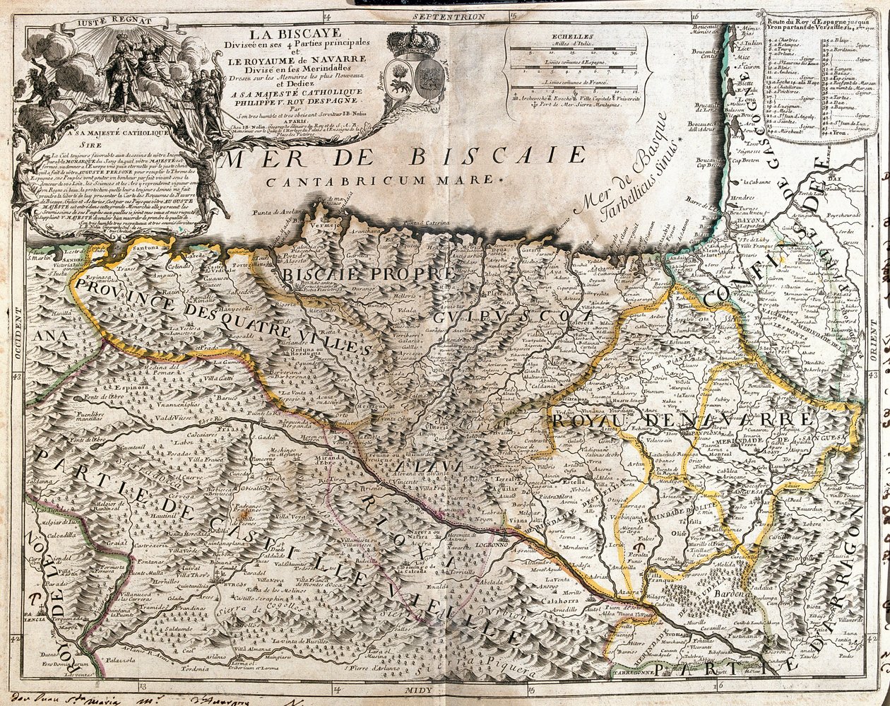 Mappa della provincia di Biscaglia (Spagna) e del regno di Navarra (Francia) (Incisione) da Jean Baptiste Nolin
