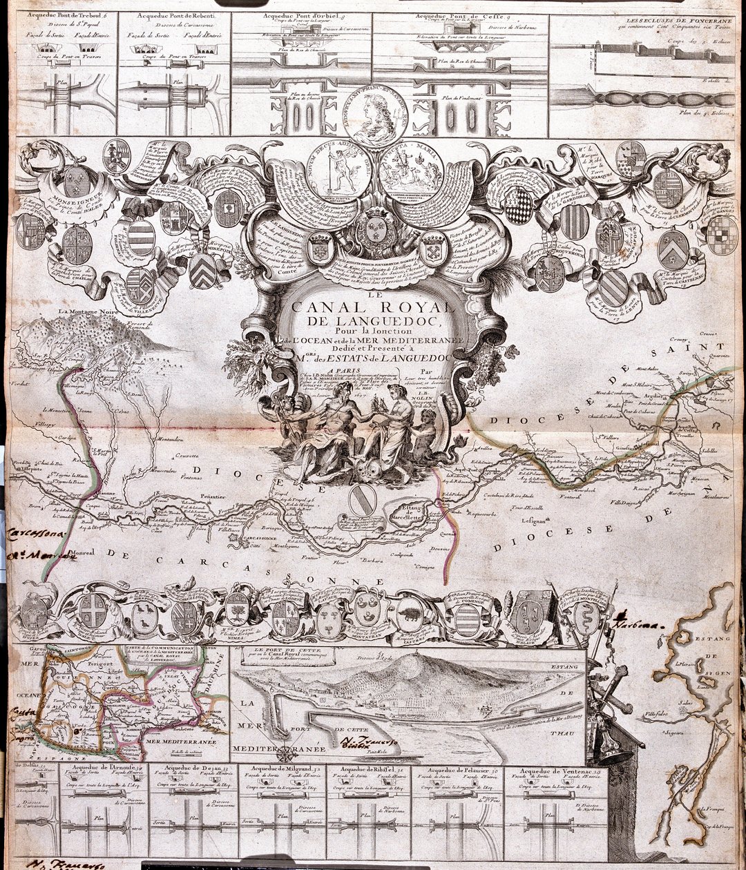 Mappa del Canal du Midi, con i suoi acquedotti da Jean Baptiste Nolin