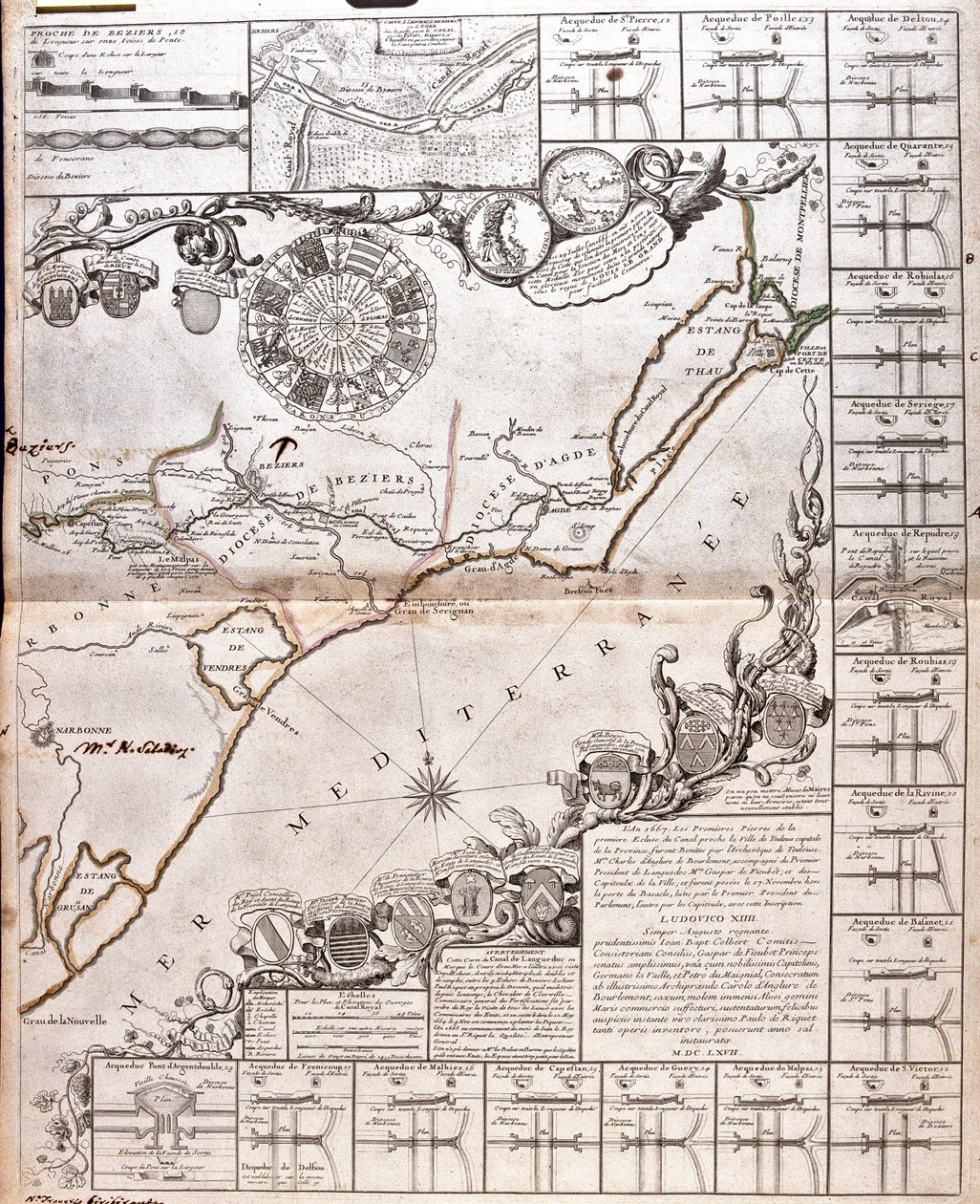 Mappa del Canal du Midi, con i suoi acquedotti da Jean Baptiste Nolin
