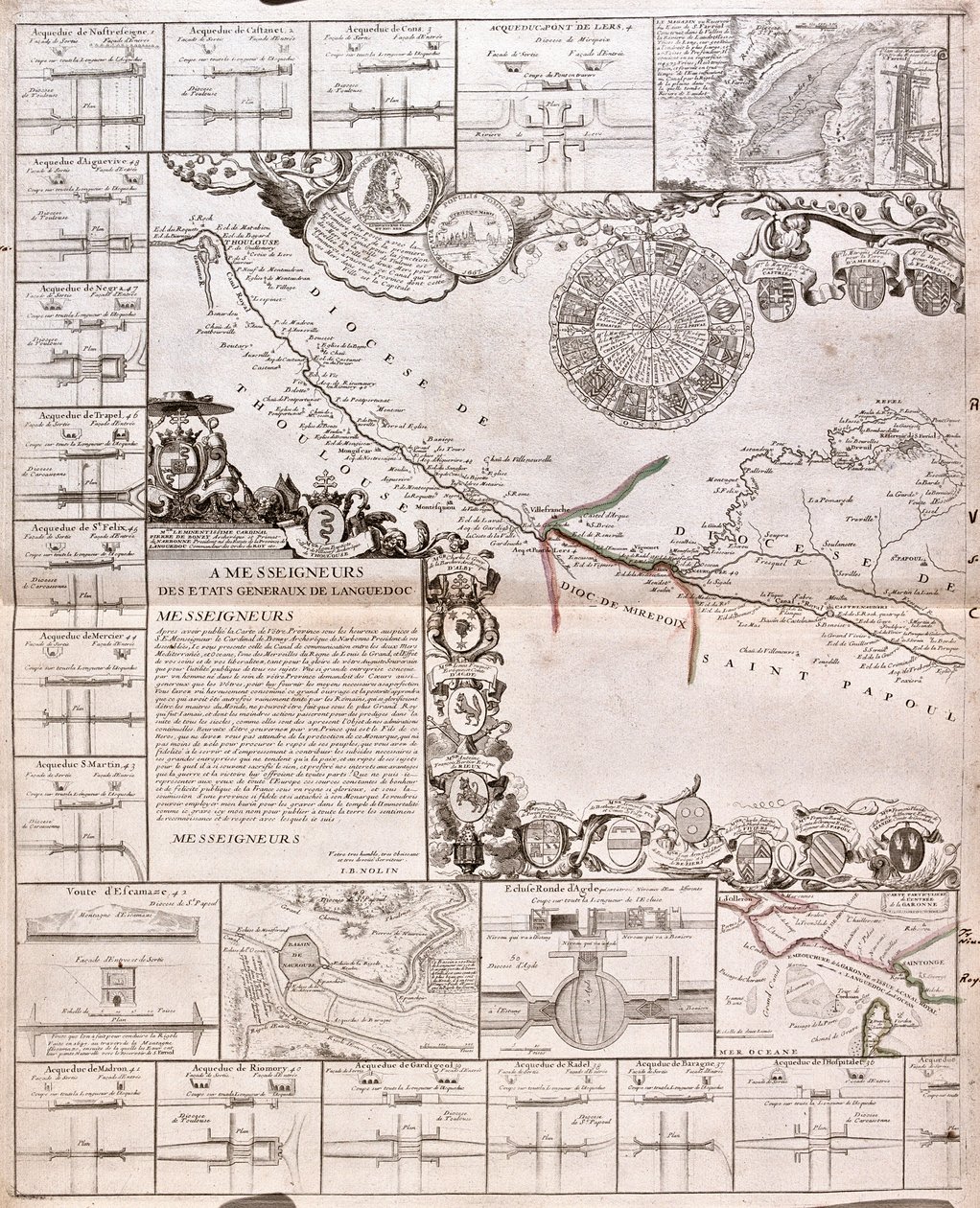 Mappa del Canal du Midi, con i suoi acquedotti da Jean Baptiste Nolin