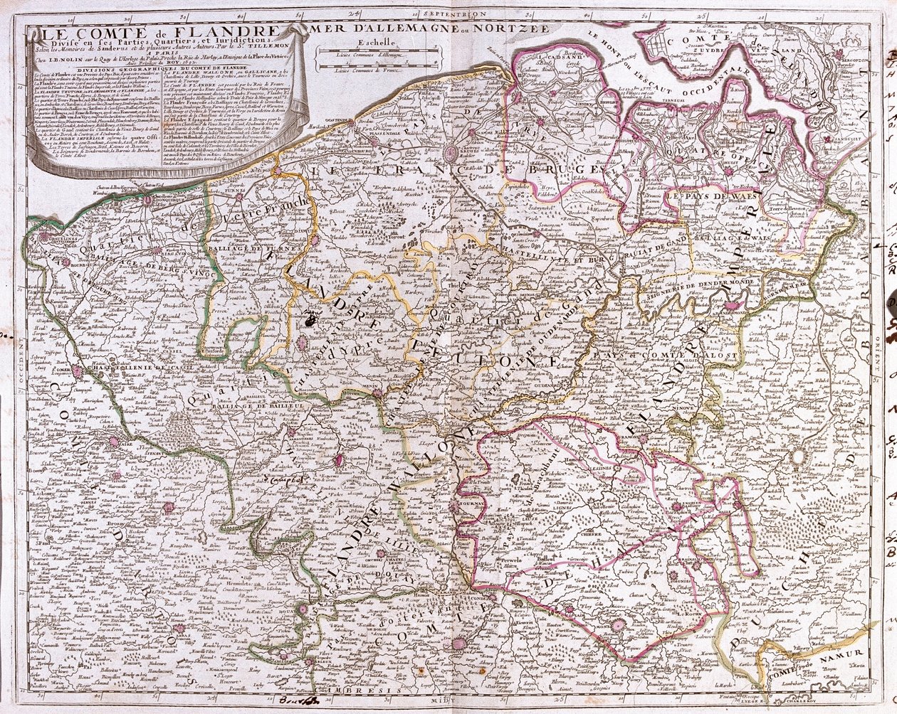 Mappa della Contea delle Fiandre (attuali Fiandre Occidentali e Orientali del Belgio) da Jean Baptiste Nolin