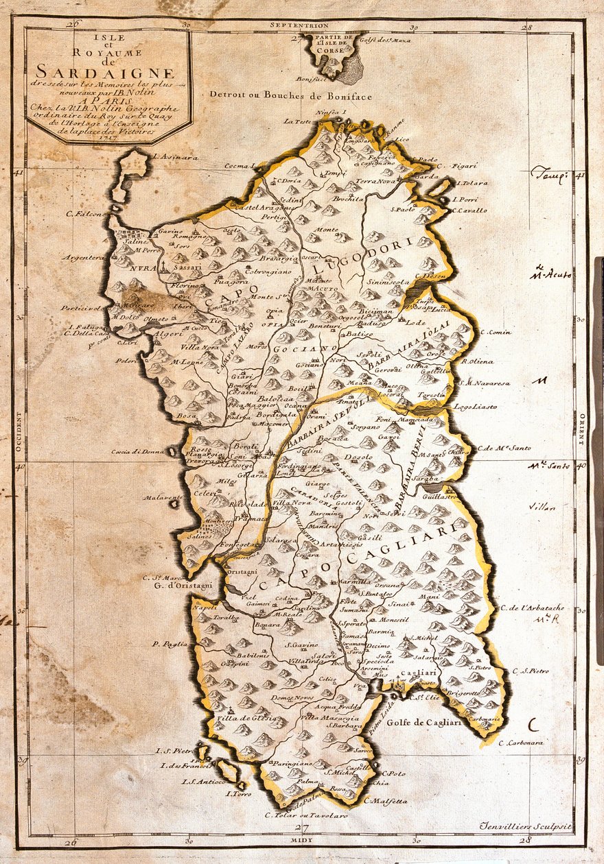Mappa del Regno di Sardegna (Italia) da Jean Baptiste Nolin