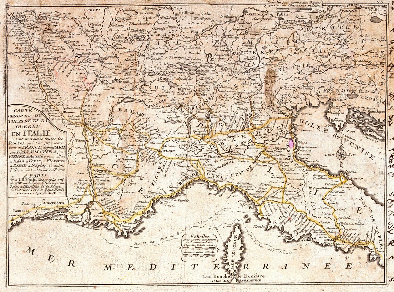 Mappa delle strade che conducono alle principali città italiane da tutta Europa da Jean Baptiste Nolin