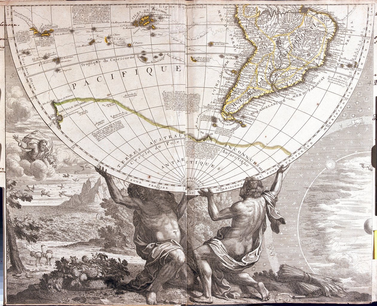 Due uomini sostengono il globo terrestre, con la mappa del Sud America da Jean Baptiste Nolin