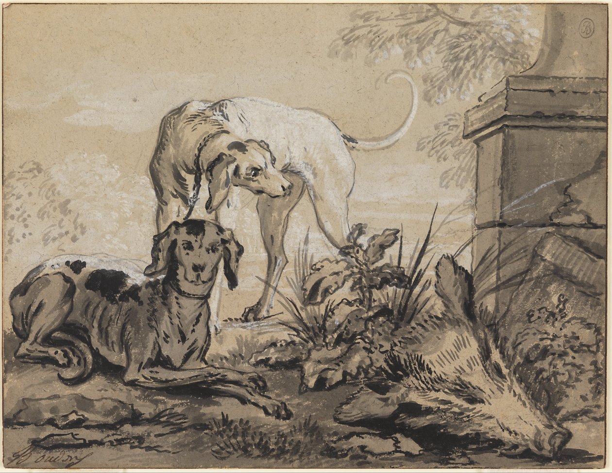 Dopo la caccia: due segugi accanto a una testa di cinghiale da Jean Baptiste Oudry