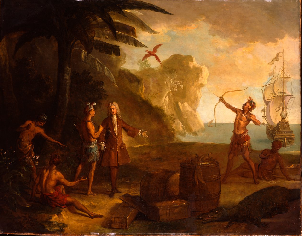 America - Un mercante europeo che negozia con i nativi americani per un barile di tabacco e altri beni da Jean Baptiste Oudry