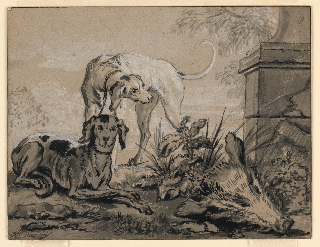 Disegno, Dopo la caccia: due segugi accanto a una testa di cinghiale, 1740 da Jean Baptiste Oudry