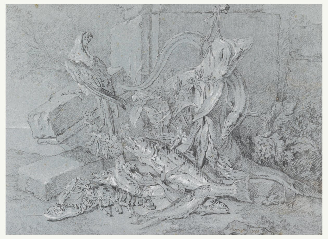 Disegno, Natura morta con pesce e pappagallo, 1740 da Jean Baptiste Oudry