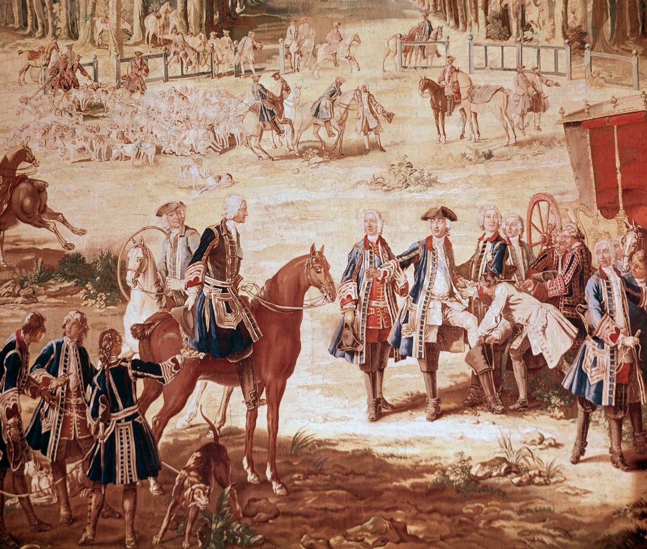 Caccia di Luigi XV Re Luigi XV caccia nella foresta di Compiègne (La caccia di Luigi XV - Arazzo) la partenza del branco Dettaglio - Arazzo di Jean Baptiste Oudry (1686-1755) da Jean Baptiste Oudry