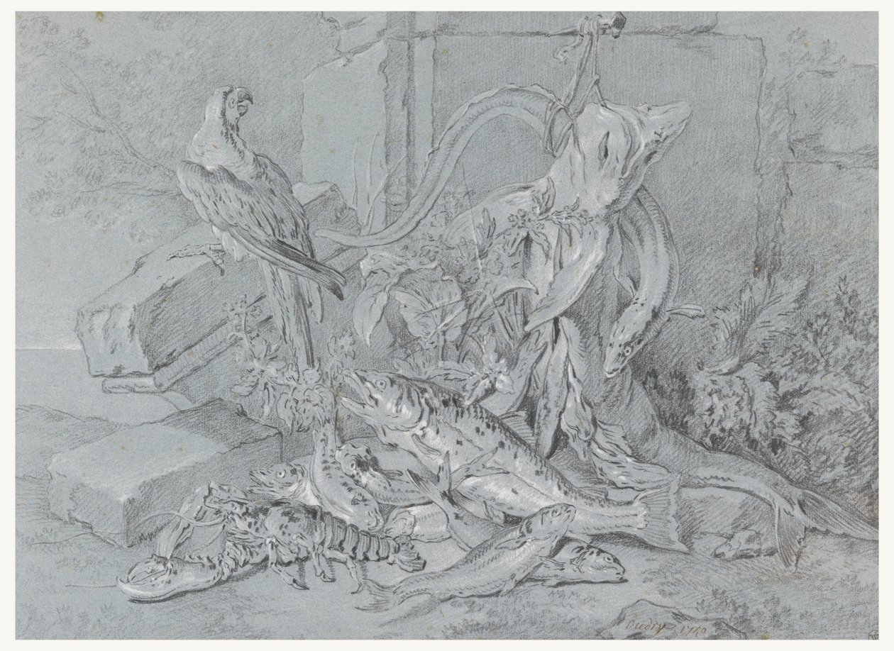 Natura morta con pesce e pappagallo da Jean Baptiste Oudry