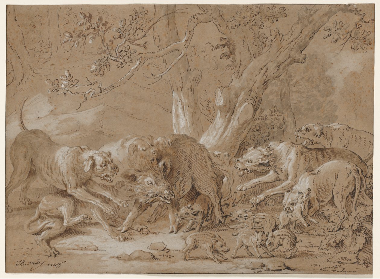 Scrofa selvatica e i suoi piccoli attaccati dai cani da Jean Baptiste Oudry