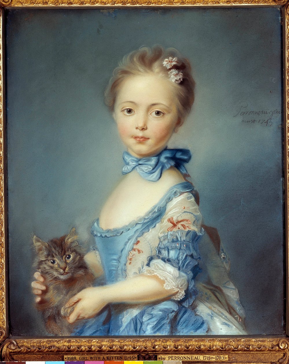 Ritratto della giovane ragazza con il gatto da Jean Baptiste Perronneau