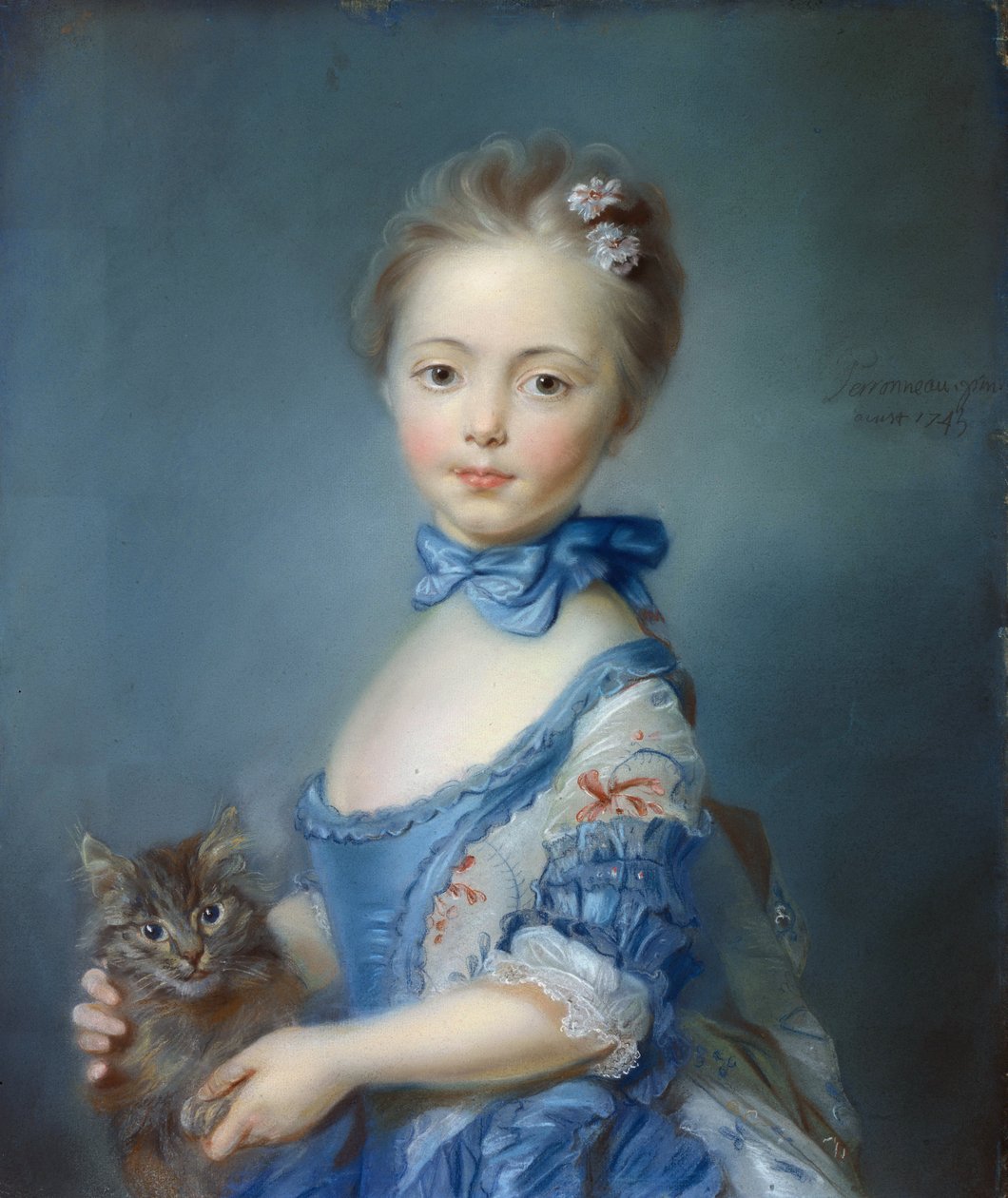 Ritratto della giovane ragazza con il gatto, dipinto a pastello di Jean-Baptiste Perroneau (1715-1783) da Jean Baptiste Perronneau