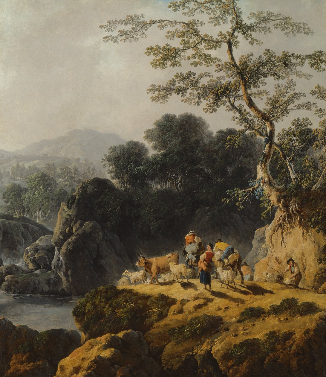 Paesaggio di una valle fluviale con pastori e viaggiatori da Jean Baptiste Pillement