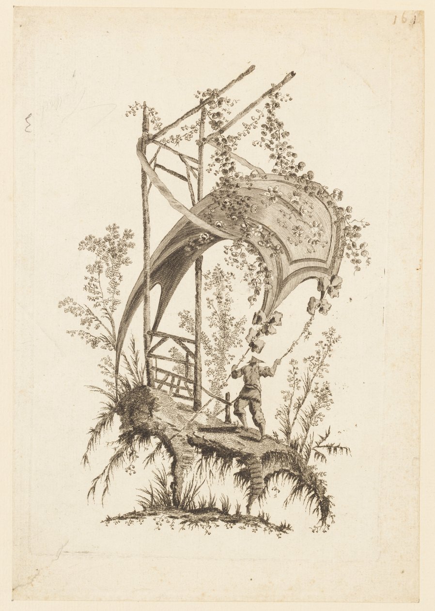 Figura che tiene due angoli di una tenda, da "Recueil des Tentes Chinoises" da Jean Baptiste Pillement