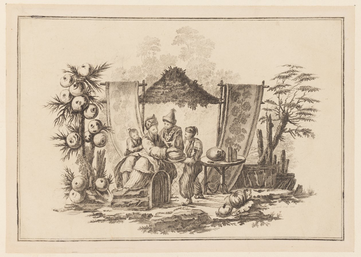 Figure con una zucca, da "Nouveau Cahier de Six Feuilles De Différents Sujets Chinois Historiés" da Jean Baptiste Pillement