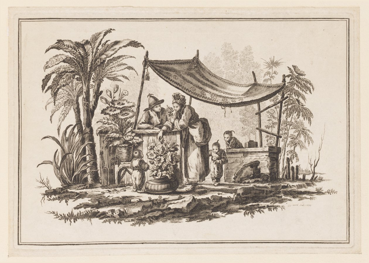 Figure con un vaso di fiori, da "Nouveau Cahier de Six Feuilles De Différents Sujets Chinois Historiés" da Jean Baptiste Pillement