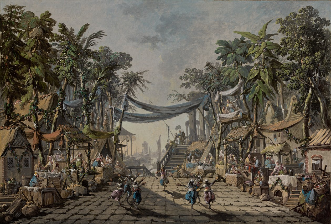 Scena di mercato in un porto orientale immaginario da Jean Baptiste Pillement