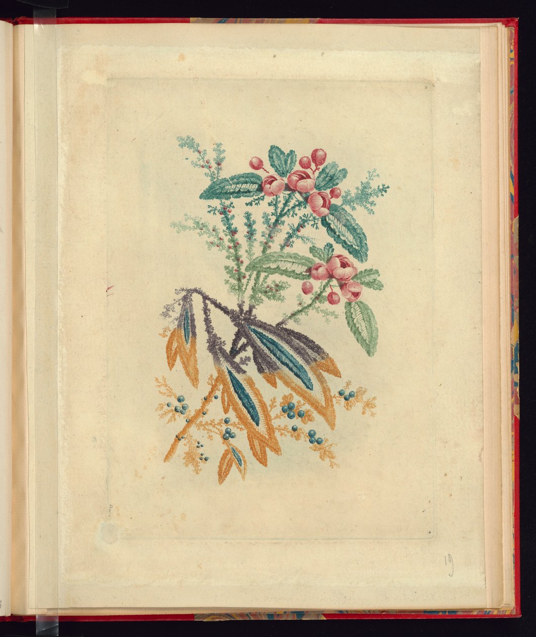 Disegno ornamentale con piccoli fiori rossi e bacche, da Nouvelle suite de cahiers de fleurs naturelle a l