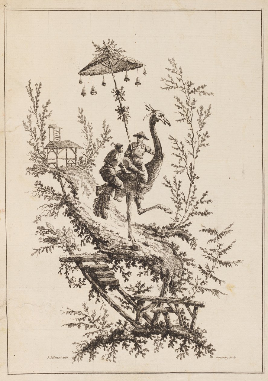 Cavalieri di struzzo, tavola da un set di rappresentazioni di chinoiserie da Jean Baptiste Pillement