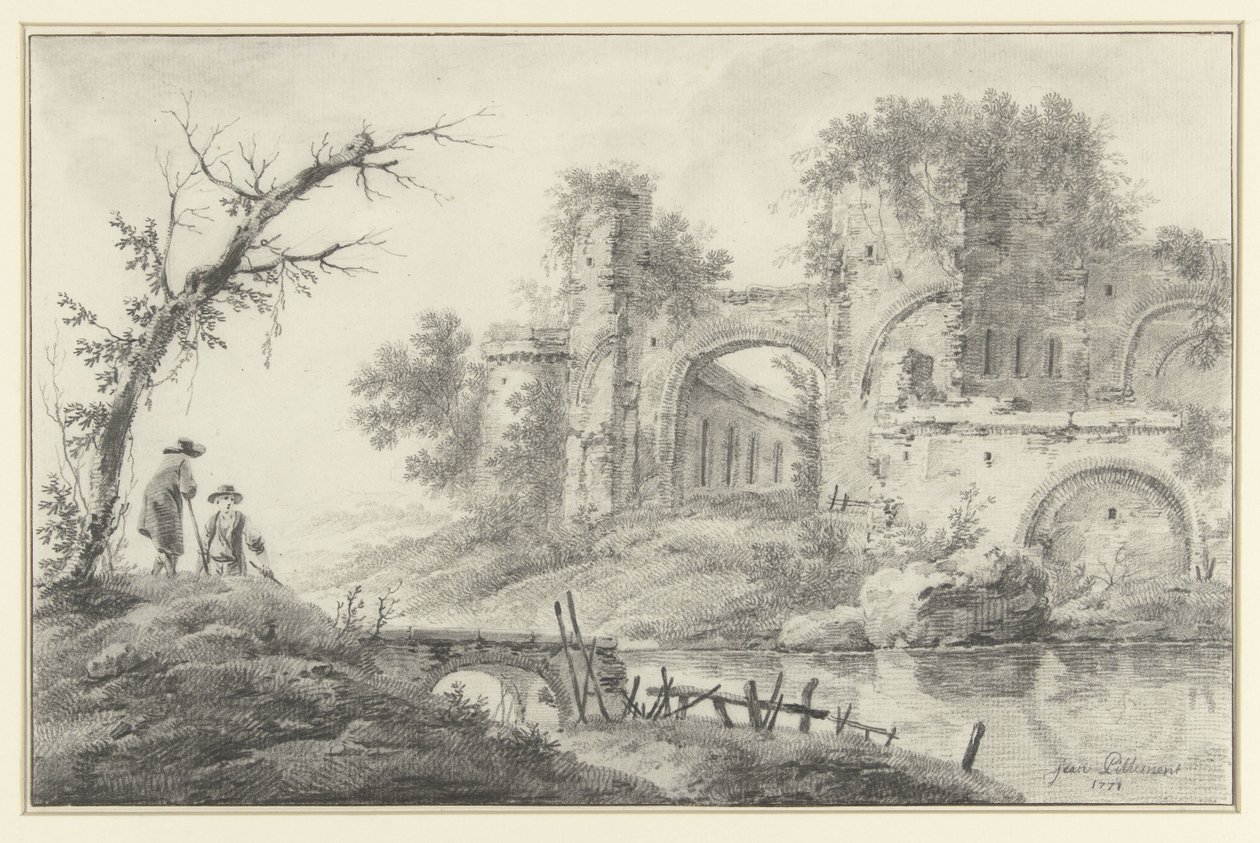 Rovina su un fiume con due contadini da Jean Baptiste Pillement