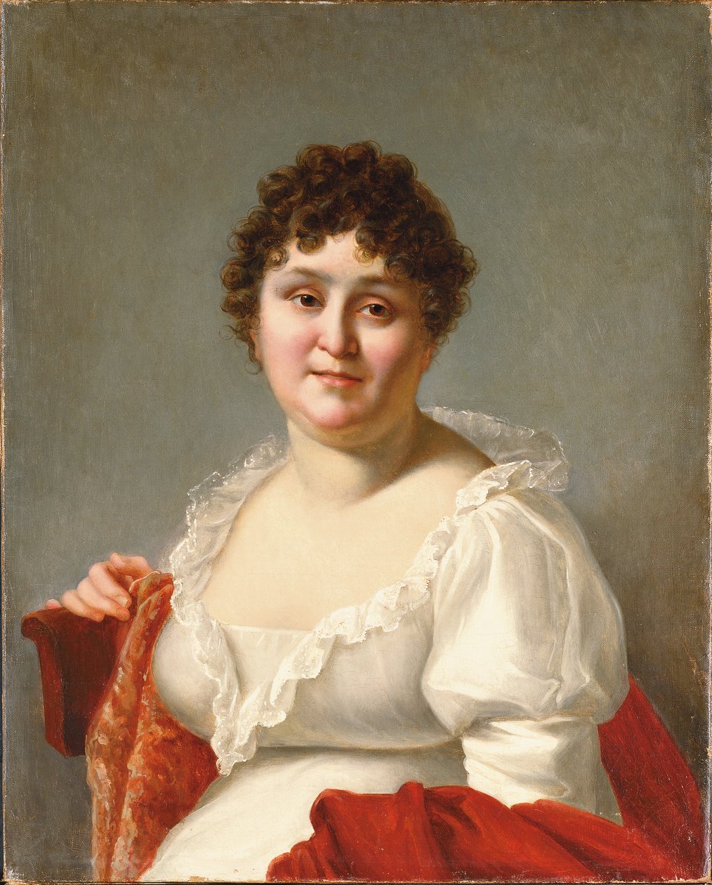 Ritratto di Madame Regnault, busto, in un vestito bianco e scialle di cachi da Jean Baptiste Regnault