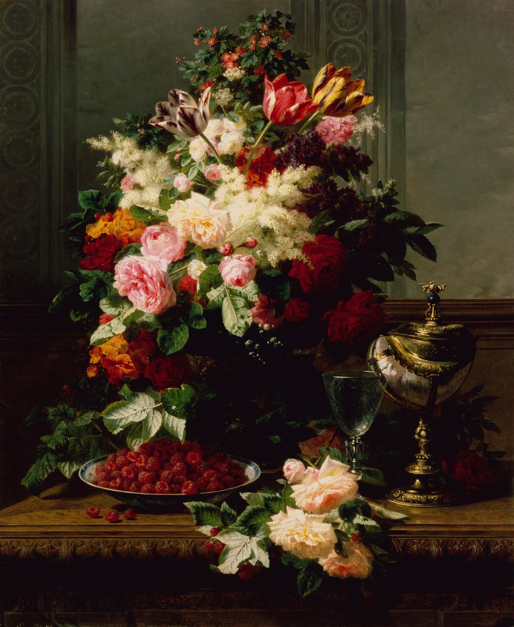 Natura morta di rose, tulipani e altri fiori su una coppa tedesca da Jean Baptiste Robie