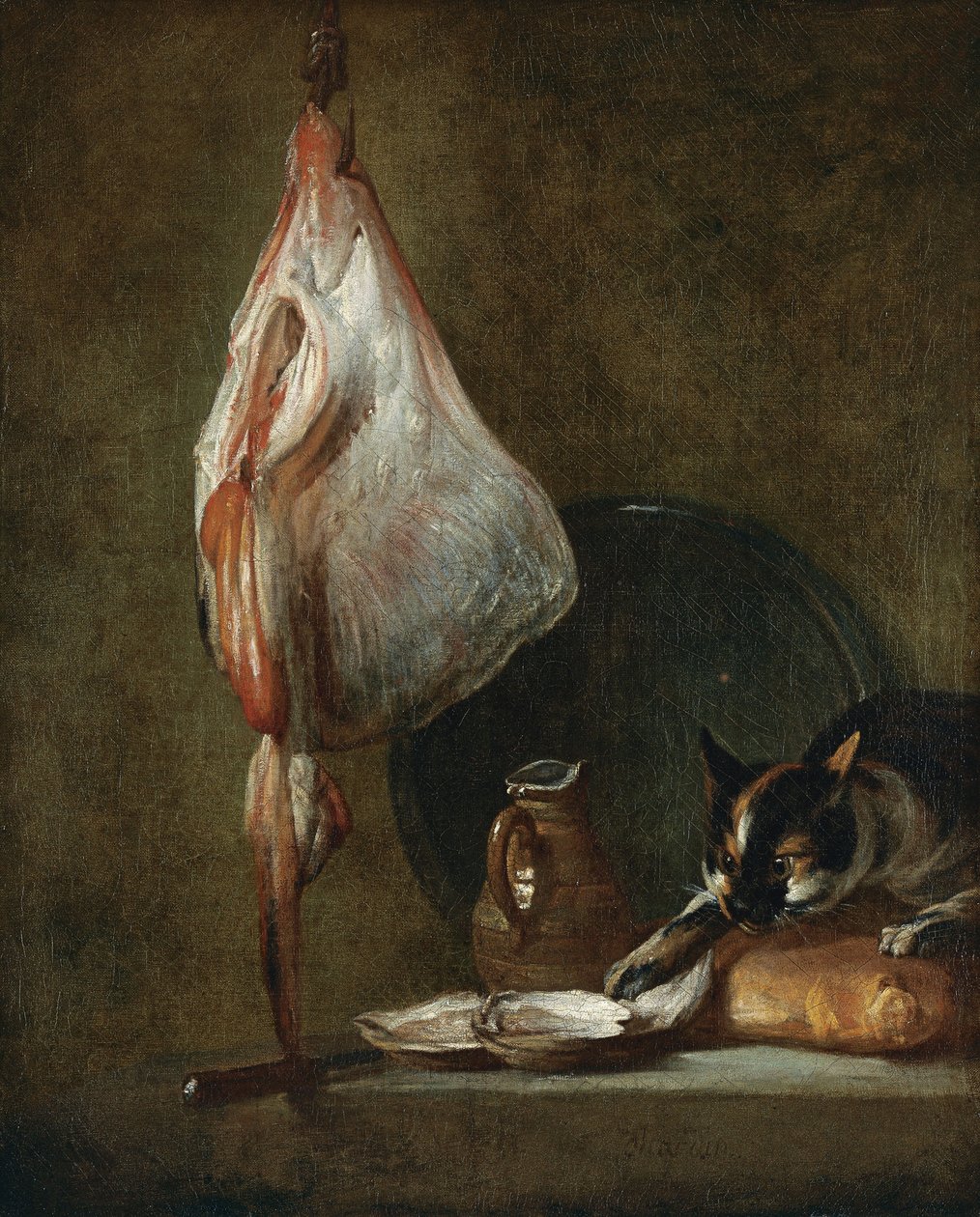 Natura morta con gatto e razza da Jean Baptiste Simeon Chardin