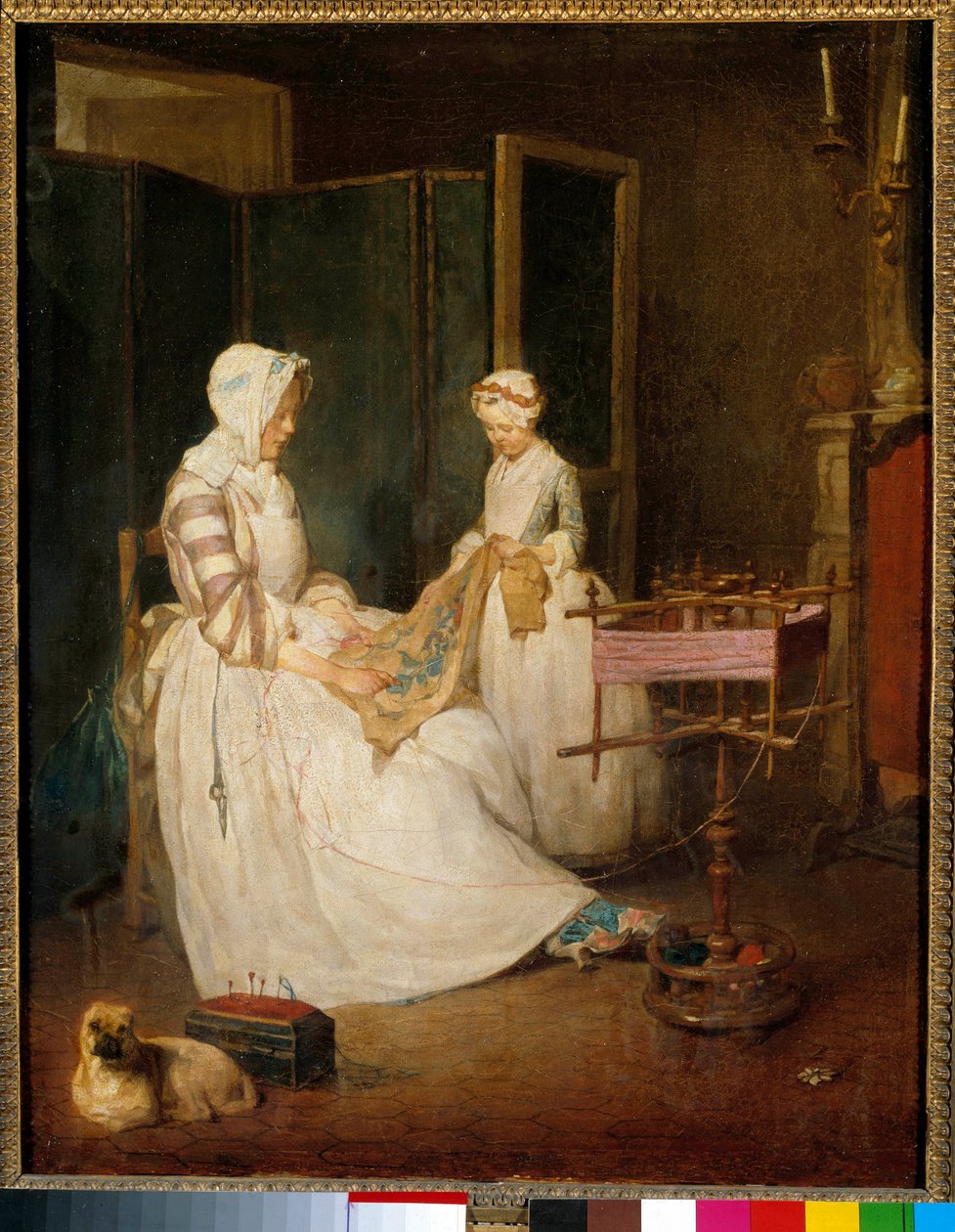 La madre lavoratrice Una madre aiutata dalla figlia a ricamare e usare un telaio. Dipinto di Jean Baptiste Simeon Chardin (1699-1779) da Jean Baptiste Simeon Chardin