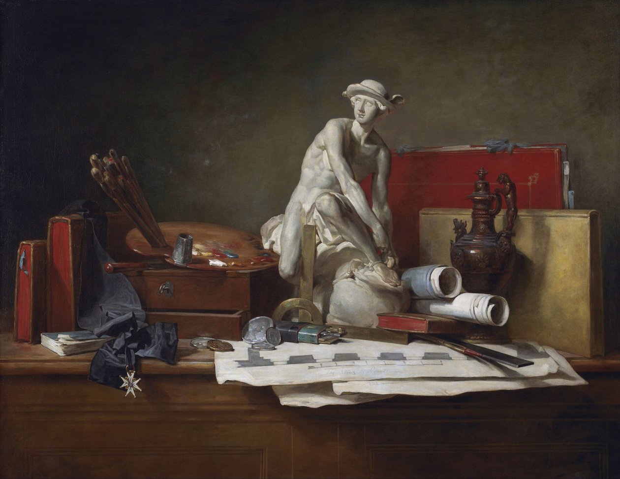 Francese:  Nature morte aver des attributs des Arts Gli attributi delle arti e le ricompense che vengono loro riconosciute da Jean Baptiste Simeon Chardin