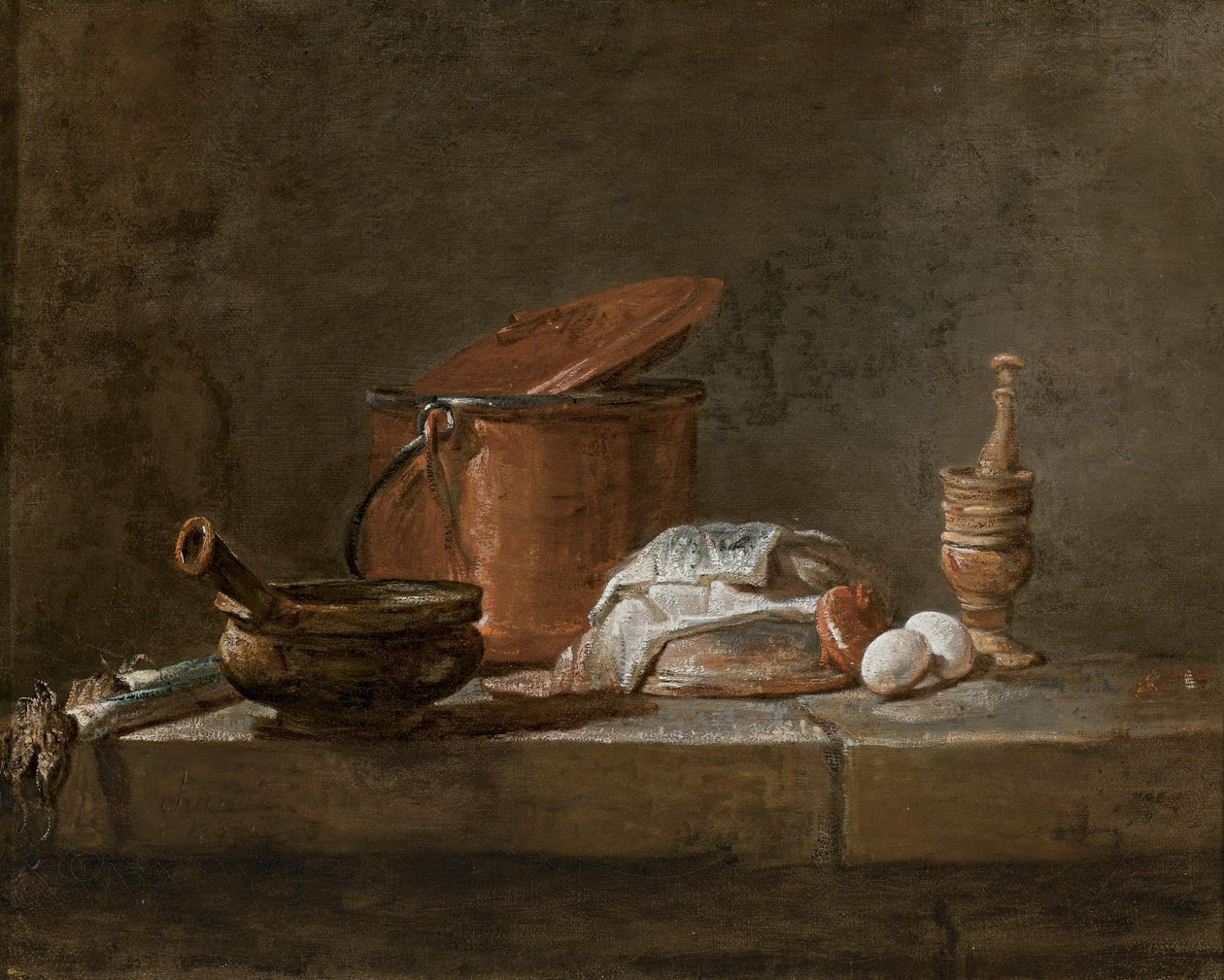 Porri, una casseruola con un panno, una pentola di rame e un coperchio, una cipolla e uova con pestello e mortaio, su un ripiano di pietra da Jean Baptiste Simeon Chardin