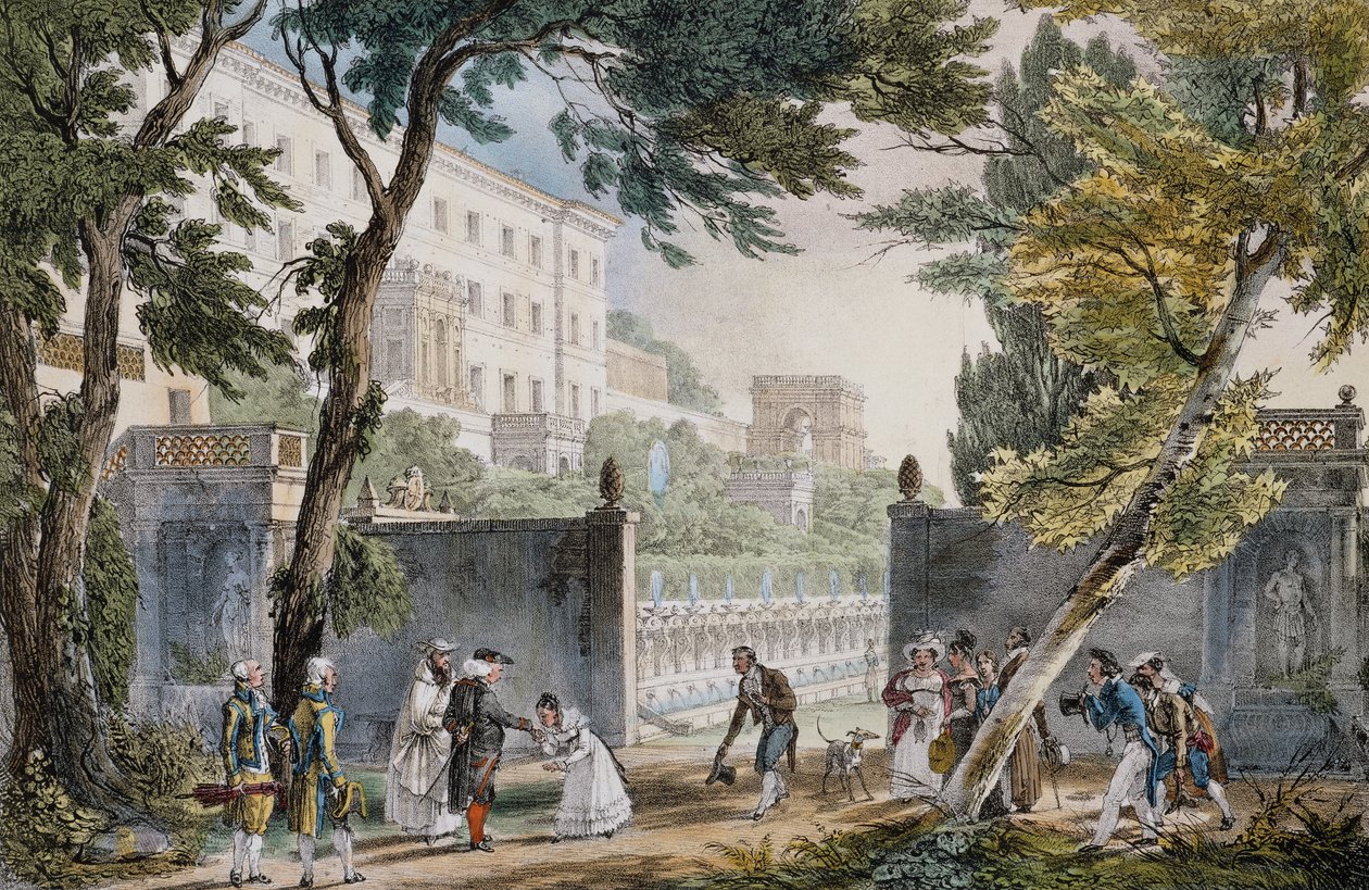 Una villa: scena di incontro della nobiltà - incisione di Jean-Baptiste Thomas, circa 1820 da Jean Baptiste Thomas