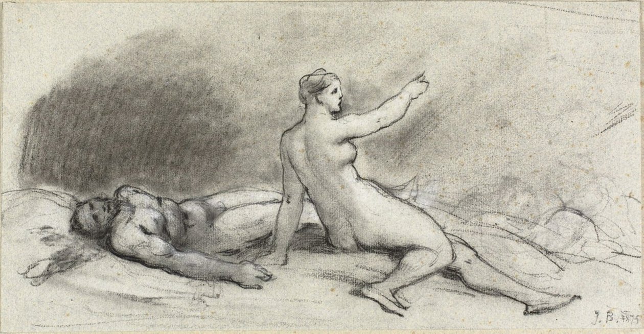 Donna nuda seduta con uomo nudo addormentato (recto); torso femminile visto da dietro (verso) da Jean Beraud